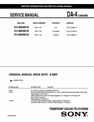 SONY KV-30HS510 SONY KV-30HS510
TRINITRON COLOR TELEVISION.
SERVICE MANUAL DA-4 CHASSIS
PART#(9-965-952-03)